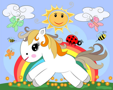 一匹白色的小卡通马,骑在草地上,有彩虹花太阳.卡卡照片