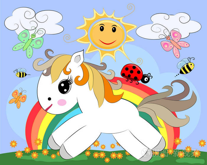 一匹白色的小卡通马骑在草地上有彩虹花太阳卡卡