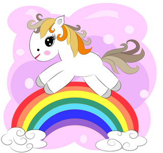 彩虹上的小可爱卡通小马.明信片,春天,魔法照片