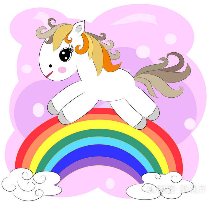 彩虹上的小可爱卡通小马.明信片,春天,魔法