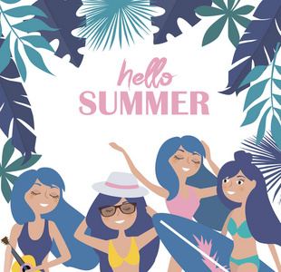 你好，夏季插图。 夏日海报与放松的女孩在海滩上。 可编辑矢量插图
