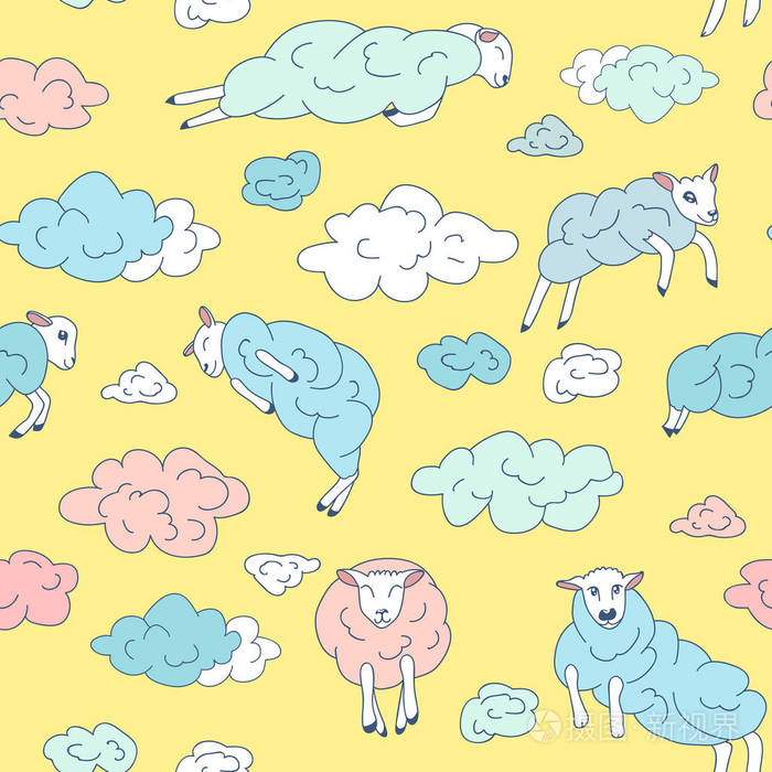 羊在云上可爱的卡通孩子气无缝图案的矢量.