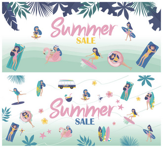 夏季促销海报插图。 夏日海报与放松的女孩在海滩上。 可编辑矢量插图