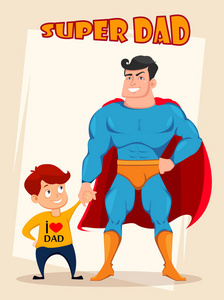 父亲节快乐贺卡传单海报或横幅。 开朗的儿子和爸爸穿着超级英雄的服装站在一起。 抽象背景的矢量图