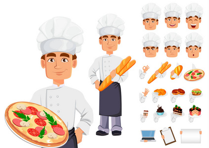英俊的面包师穿着专业制服和厨师帽。 一包身体部位，情感和东西。 建立你的卡通人物的个人设计。 矢量插图