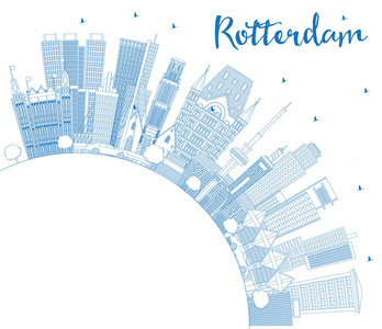 概述鹿特丹荷兰城市天际线与蓝色建筑和复制空间。 矢量图。 现代建筑的商务旅游和旅游理念。 鹿特丹城市景观与地标。