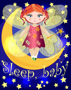 一个有魔杖和透明翅膀的卡通仙女站在月亮上的夜空和星星中。 睡眠婴儿
