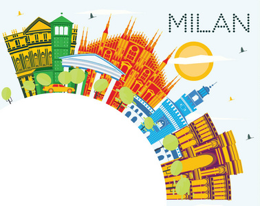 米兰意大利城市天际线与彩色建筑蓝天和复制空间。 矢量图。 具有历史建筑的商务旅游和旅游理念。 米兰城市景观与地标。