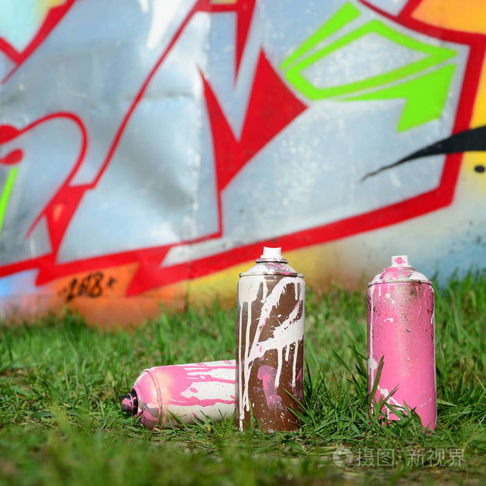 几个二手油漆罐躺在墙附近的地面上,上面画着一幅美丽的涂鸦画.