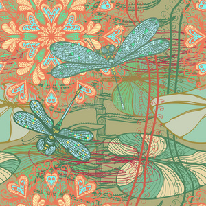 复古无缝图案，有蜻蜓和花朵