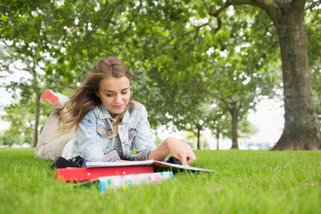 快乐的学生躺在草地上学习