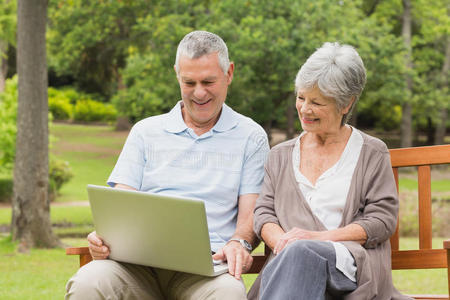 微笑的老年夫妇在公园使用笔记本电脑