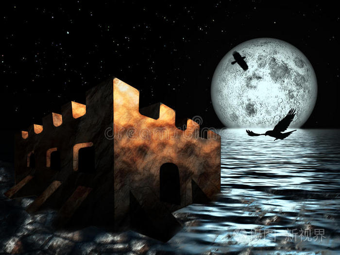 海上古堡夜空月色背景插画 正版商用图片1t4h 摄图新视界 海上古堡夜空月色背景插画 正版商用图片1t4h 摄图新视界