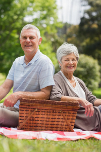 带着野餐篮的微笑的老年夫妇
