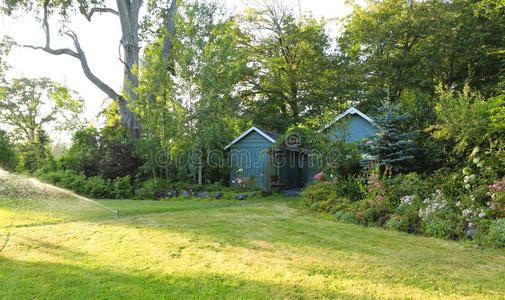茂盛的农场后院，有棚屋和花园洋房