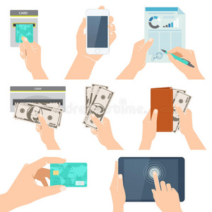 手持信用卡智能手机货币和o的图标集