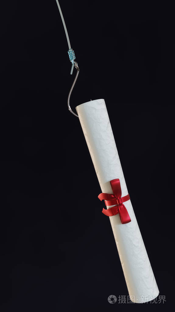 卷起文凭羊皮纸与红色丝带连接到钓鱼线和钩在黑暗的背景三维插图