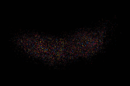 纸屑的抽象爆炸。 彩色污渍和斑点。 彩色粒状纹理孤立在黑色背景上。 矢量插图10。