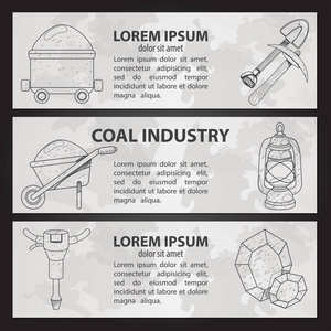 一套卡片或横幅或小册子的矢量镐铲手推车灯笼打孔煤和手写老式刻字。 灰色背景的单色插图