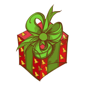 带绿色蝴蝶结的红色礼品盒。 圣诞节和新年设计的装饰元素。 手绘矢量插图隔离在白色背景上。