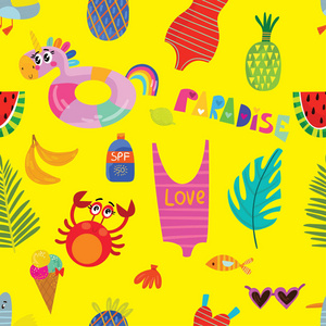 五颜六色的无缝夏季图案，手绘元素，太阳镜，棕榈，西瓜，袋，伞，冰淇淋，其他时尚印刷设计矢量插图