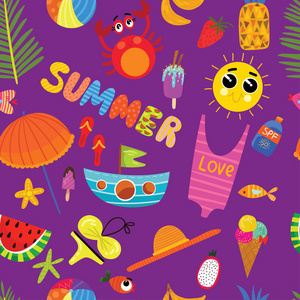 五颜六色的无缝夏季图案与手绘元素太阳镜，手掌，西瓜，袋子，雨伞，冰淇淋等时尚印刷设计，矢量插图