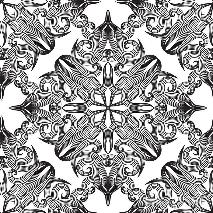 达马斯克黑白矢量无缝图案.老式古董图案花卉背景.