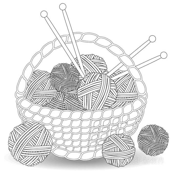 篮子里有缠着的毛线球.为成人和儿童着色