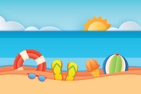 夏季时间海景与设备放置在海滩和天空背景。 纸艺和工艺风格。 矢量插图的生活环墨镜，冰淇淋，海滩球凉鞋。