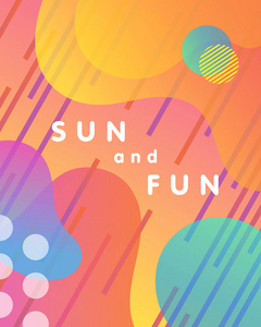 独特的艺术设计卡太阳和乐趣与梯度背景形状和几何元素在孟菲斯风格。明亮的海报，完美的版画，横幅，邀请，特别等。