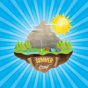 夏令营儿童标志概念插图与绿色山谷, 山, 树木, 太阳, 云, 营地火灾, 露营帐篷和蓝湖。矢量夏令营标志或传单插图