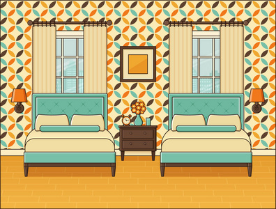 酒店房间有两张床和窗户. 矢量. 家庭复古空间在平面设计.