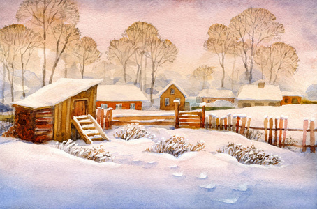 白雪皑皑的屋顶彩色明亮的手绘水彩素描在纸背景上,在粉红色日落的