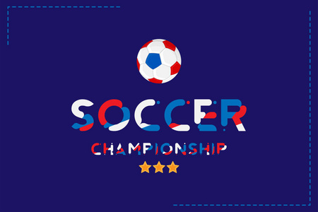 足球锦标赛。横幅模板水平格式与足球球和原文的背景。