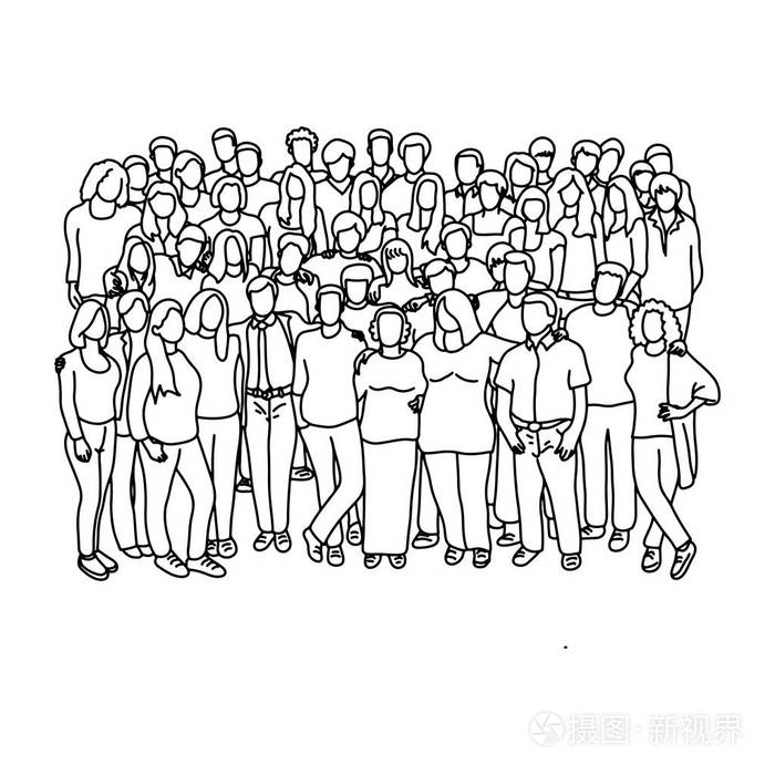 一群商人站在一起矢量插图草图涂鸦手画黑线隔离在白色背景上团队合作