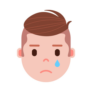 男孩头像 emoji 表情人物图标, 面部表情, 头像人物, 男人哭脸与不同的男性情感概念。平面设计