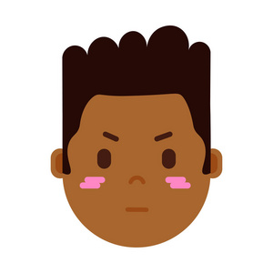 非洲男孩头 emoji 表情人物图标与面部情绪, 头像字符, 男人尴尬面对不同的男性情绪的概念。平面设计