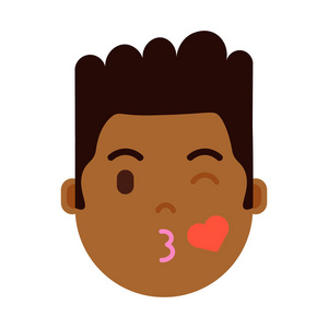 非洲男孩头 emoji 表情人物图标与面部情感, 头像字符, 人爱面孔以不同的男性情感概念。平面设计