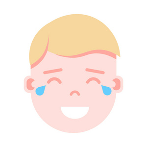 男孩头像 emoji 表情人物图标, 面部表情, 化身人物, 男人快乐哭泣的脸上有不同的男性情感概念。平面设计