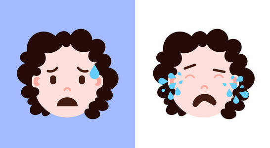 设置女孩头像 emoji 表情人物图标与面部情感, 头像字符, 哭泣的面孔与不同的女性情感概念。平面设计