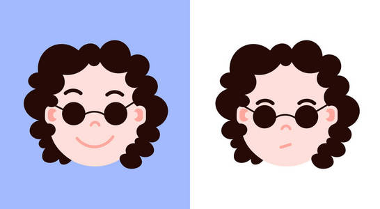 设置女孩头像 emoji 表情人物图标与面部情绪, 头像字符, 眼镜面与不同的女性情感概念。平面设计