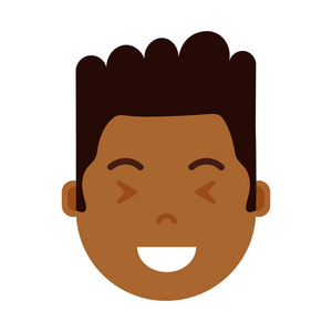 非洲男孩头 emoji 表情人物图标与面部情感, 头像字符, 人满意的面孔以不同的男性情感概念。平面设计