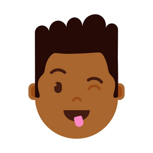 非洲男孩头 emoji 表情人物图标与面部情感, 头像字符, 人显示舌头面孔以不同的男性情感概念。平面设计