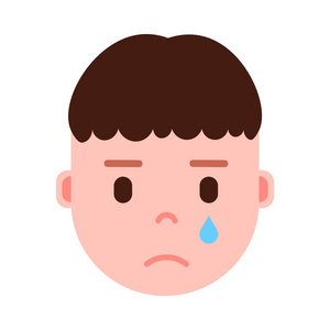 男孩头像 emoji 表情人物图标, 面部表情, 头像人物, 男人哭脸与不同的男性情感概念。平面设计