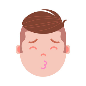 男孩头像 emoji 表情人物图标与面部情感, 头像字符, 男人睡觉亲吻面孔以不同的男性情感概念。平面设计