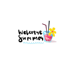 欢迎夏季徽章隔离排版设计标签。节日假期字体为标志, 模板, 邀请, 贺卡, 印刷品和海报
