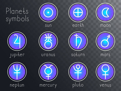 色月亮带有占星行星符号的圆形图标的矢量集.
