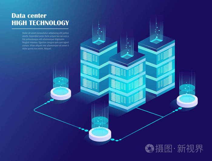 数据中心云存储技术 能源站的概念 等距矢量插图.