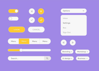 矢量白 Ui 套件集。矢量平面设计网页设计 ui 套件。用于 web 设计的样式平面 ui 套件设计集。平面按钮, 菜单, 进度