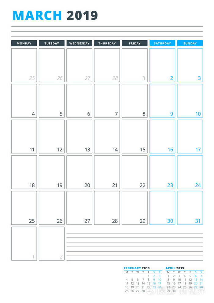 2019年3月的日历模板。商业规划师模板。 文具设计。 一周从星期一开始。 肖像定位。 矢量插图